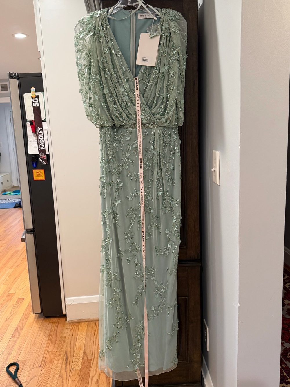 Mac Duggal Mint Green Embroidered V-Neck Dress